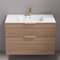 Wall Mounted Bathroom Vanity, Modern, Walnut, 36 Inch, Gold Handles